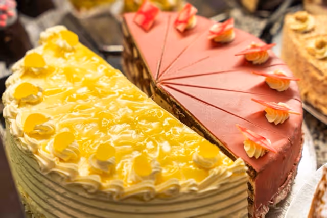 Gelbe und Rote Tortenhälfte auf einem Teller