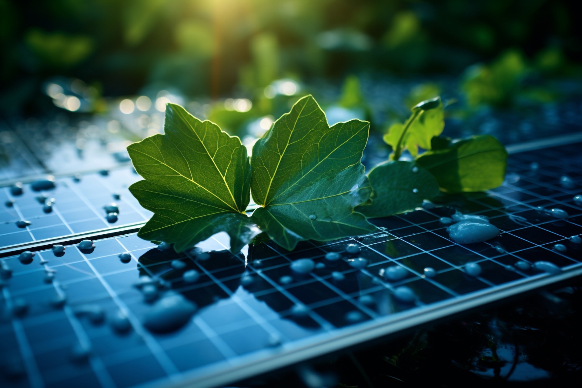 Blätter auf tropfen übersehter PV-Anlage